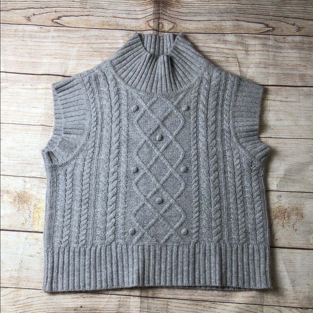 100% Cashmere‎ Women’s Cable Knit Sleeveless Preppy Gray Turtleneck Sweater